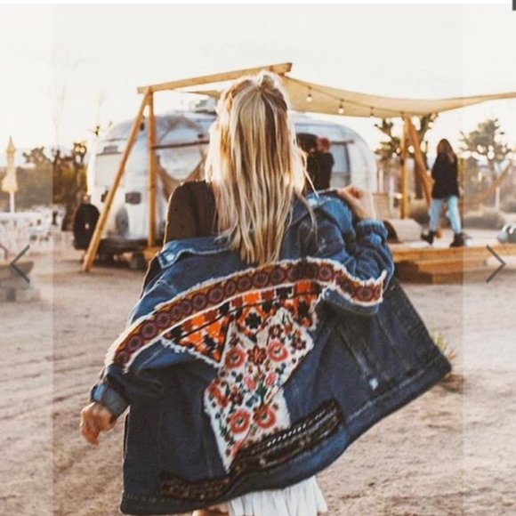 Boho Denim Blue Floral Embroidered Jean Jacket - Picture 4 of 11